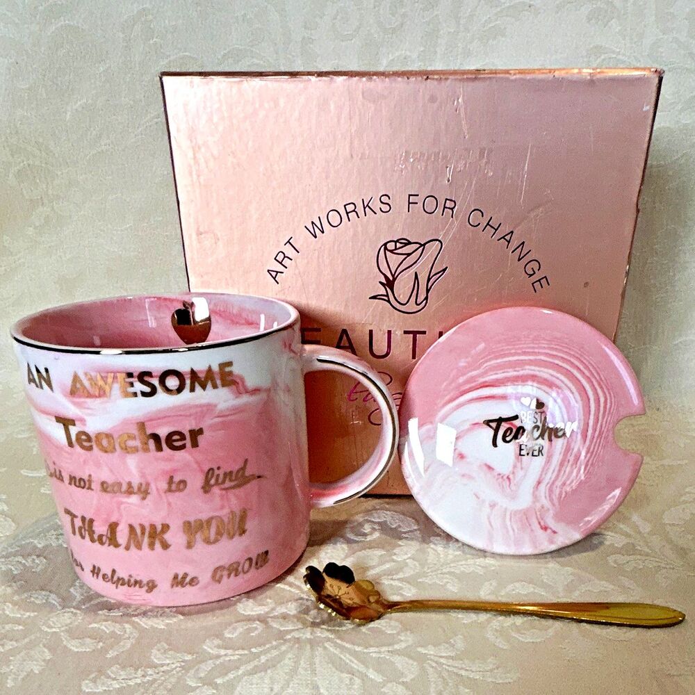 Art Works For Change Beautiful Luspan Pink Marble Teacher Gift Mug Set Lid Spoon